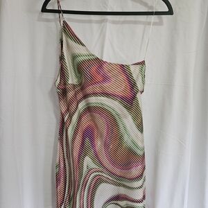 Mango One Shoulder Dress in Pink, Green, and Cream